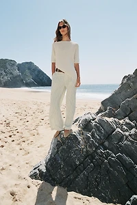 WIDE STRIPED BELTED PANTS