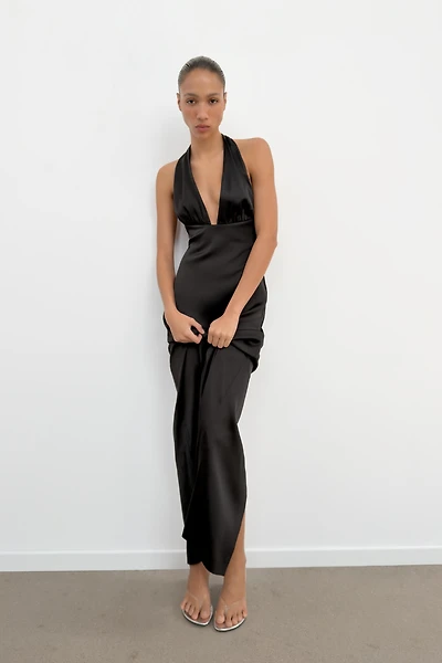 SATIN EFFECT LONG HALTER DRESS