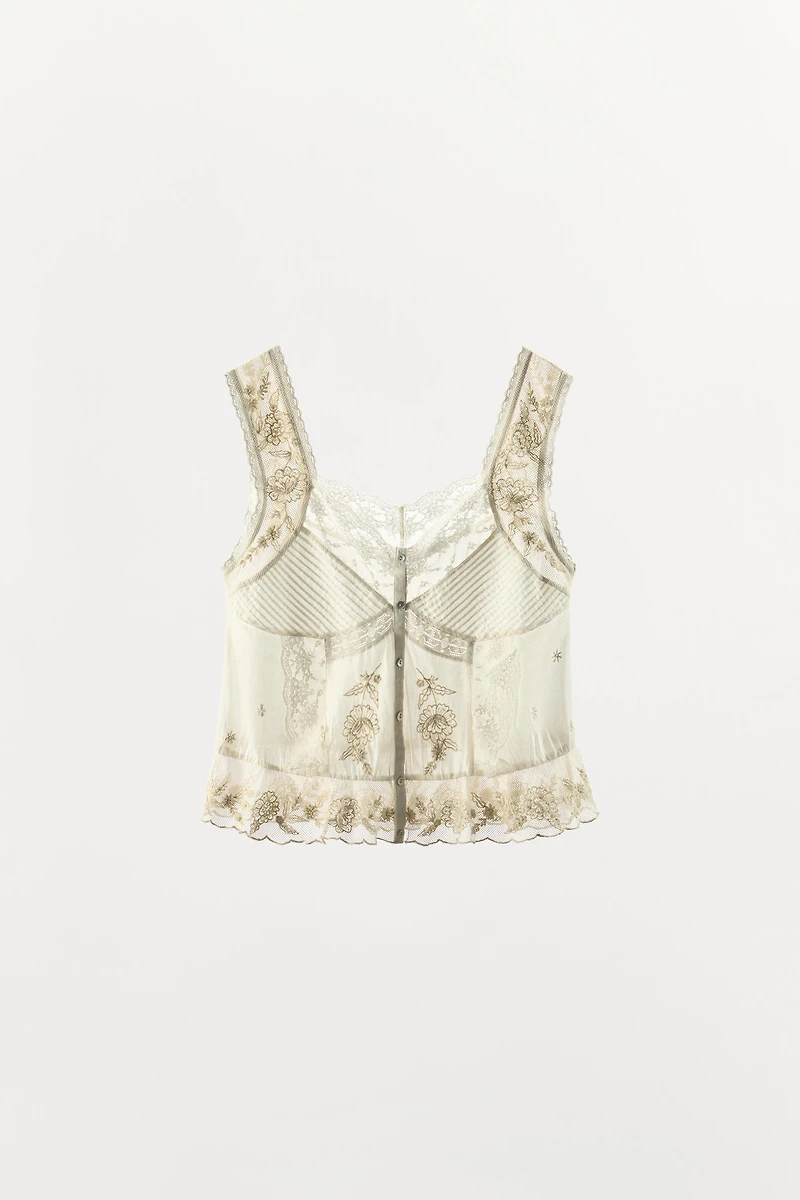 PLEATED BEADED EMBROIDERED TOP