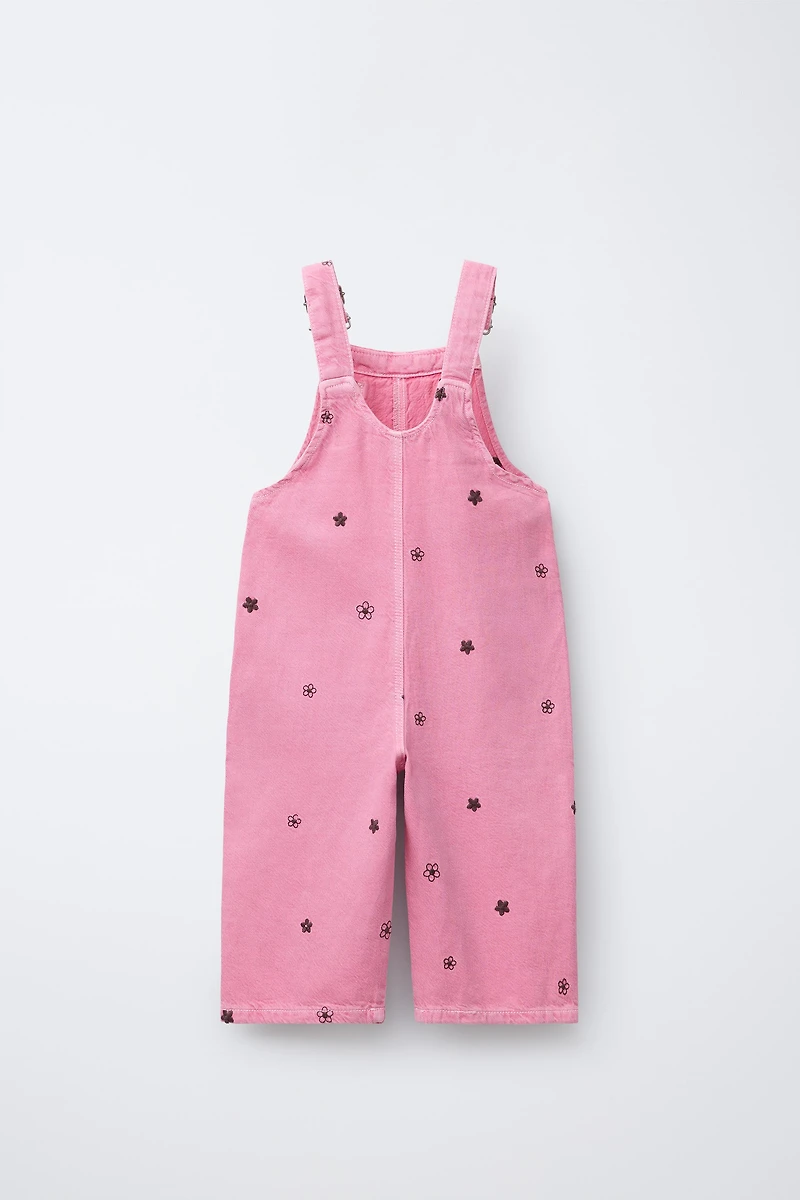 EMBROIDERED FLOWER TWILL OVERALLS