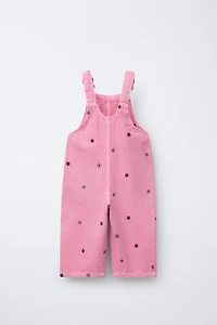 EMBROIDERED FLOWER TWILL OVERALLS