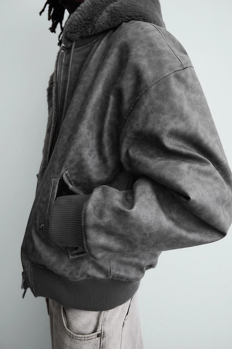 REVERSIBLE FAUX LEATHER BOMBER JACKET