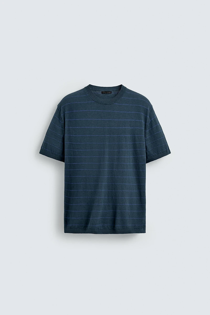 STRIPED COTTON LINEN BLEND KNIT T-SHIRT
