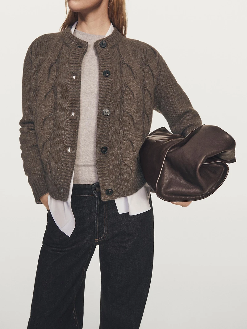 Wool blend cable-knit cardigan