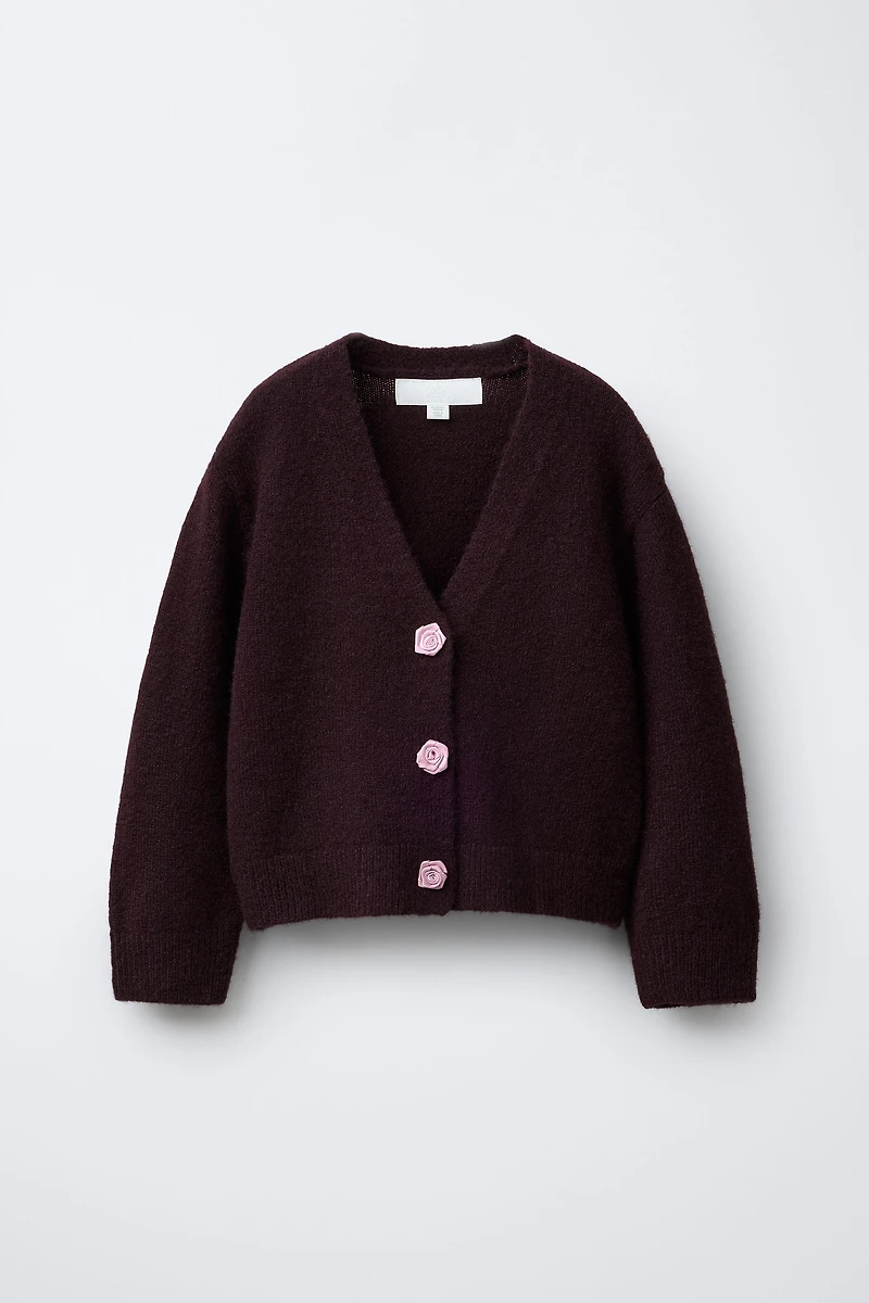 CARDIGAN WITH SATIN FLOWER BUTTONS