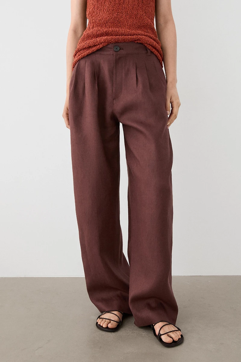 Wide-leg pleated linen trousers