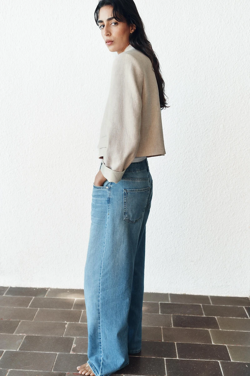 LINEN CROPPED BLAZER WITH SHOULDER PADS