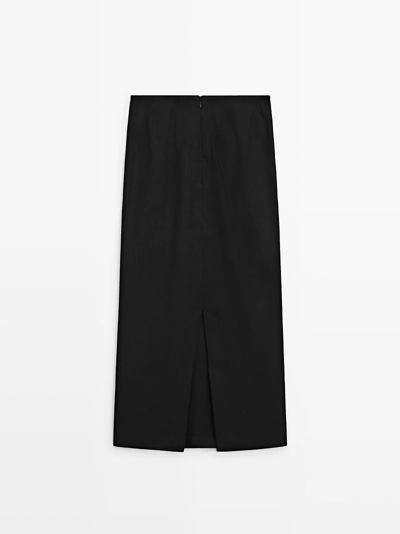 Straight linen blend midi skirt