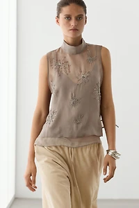 Semi-sheer top with embroidered detail