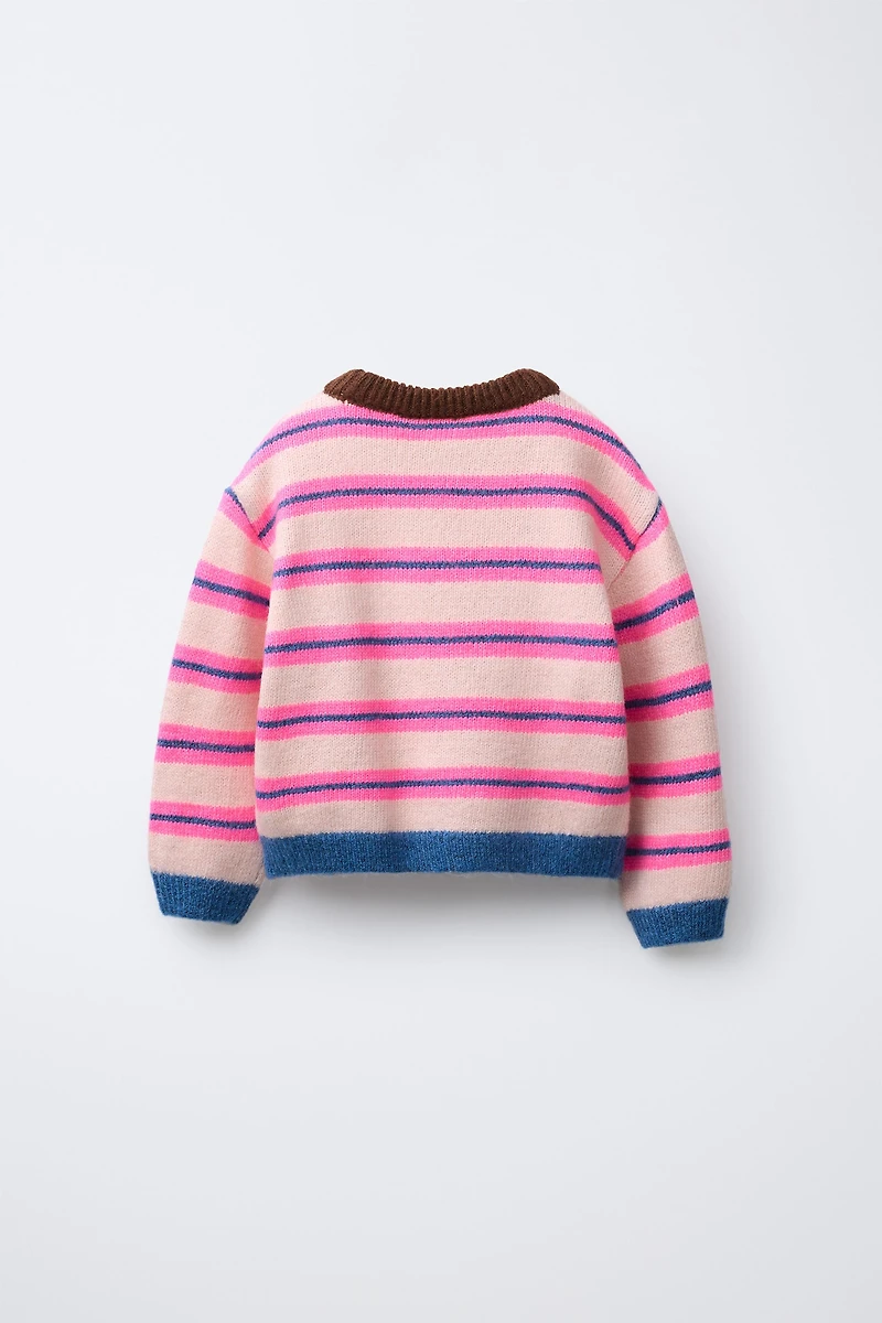 FLUORESCENT STRIPED EMBROIDERED HEART KNIT JUMPER