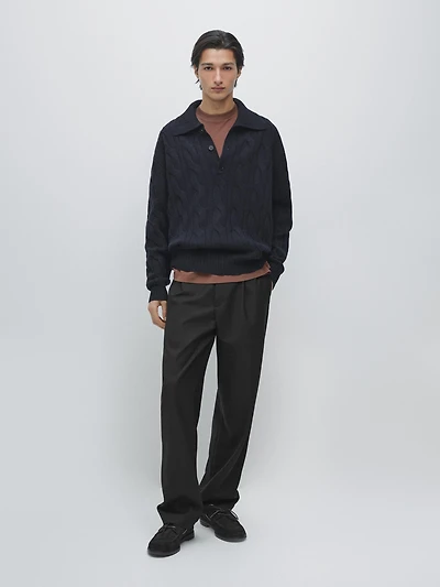Pull polo en maille de laine tressée