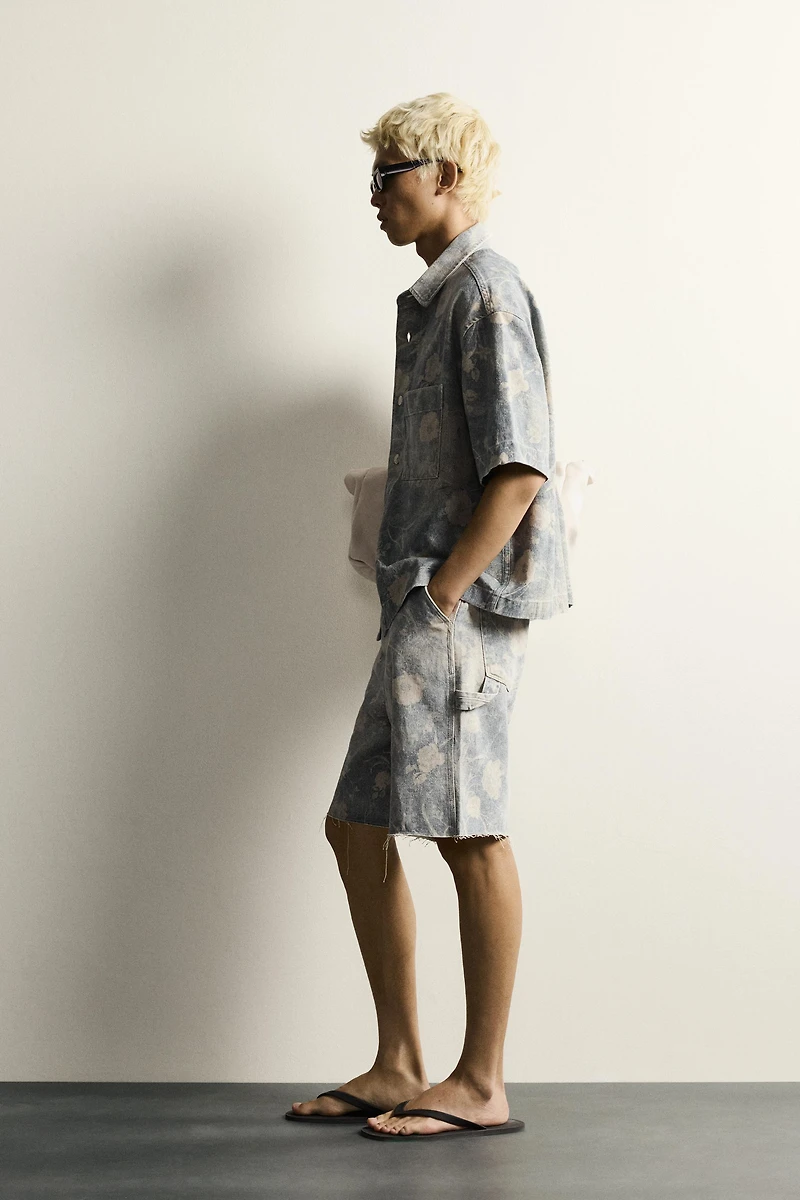 WASHED FLORAL PRINT RELAXED FIT SHORTS