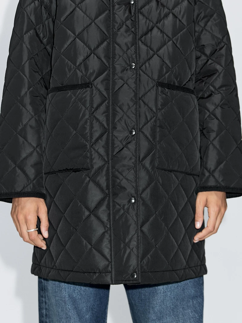 Long lightweight puffer jacket with corduroy detail