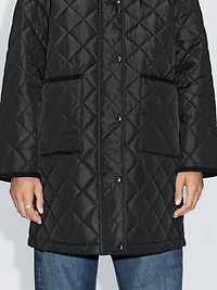 Long lightweight puffer jacket with corduroy detail
