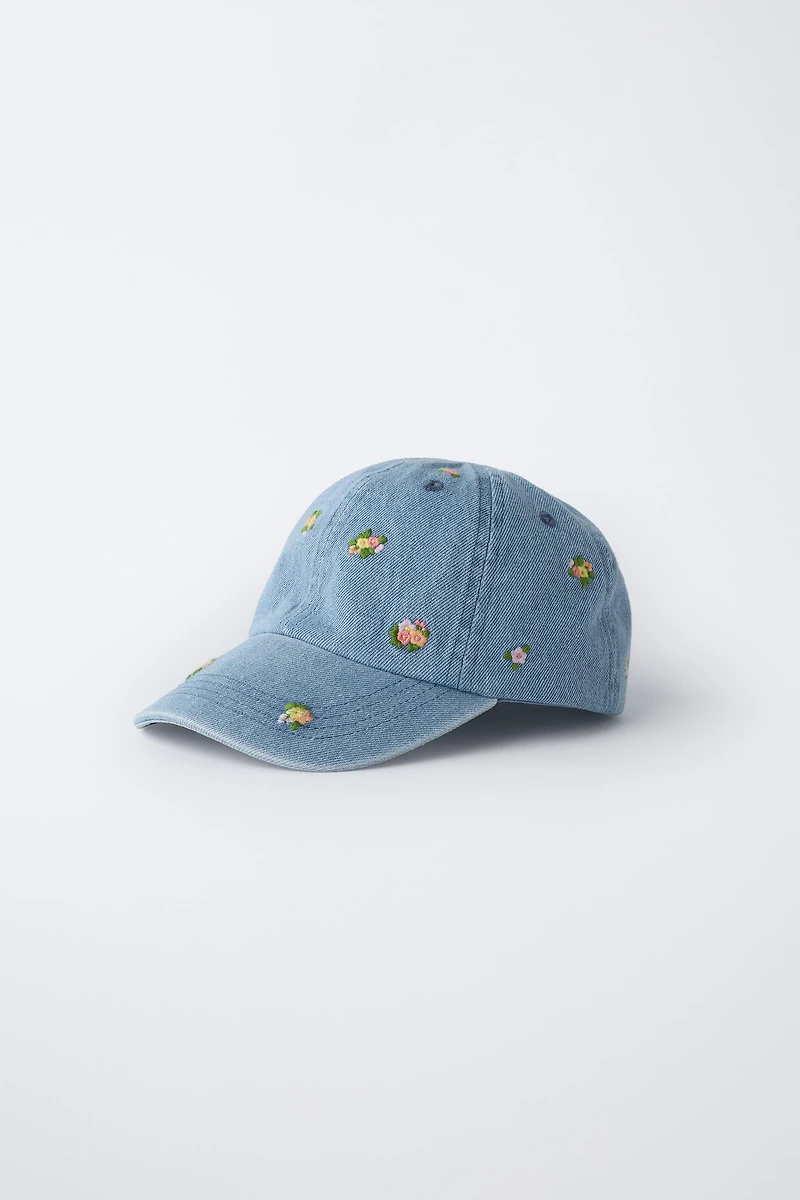 EMBROIDERED FLORAL DENIM CAP