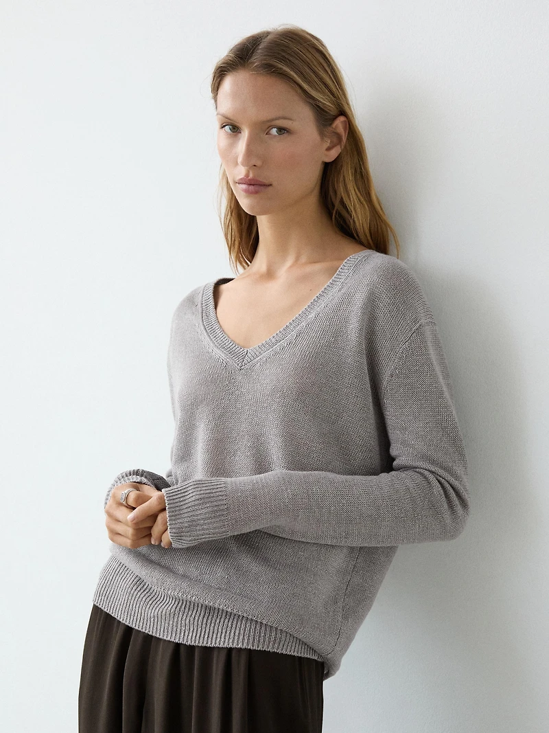 Pull en maille 100 % lin à col V