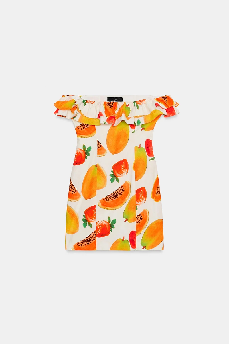 FRUIT PRINT RUFFLED MINI DRESS