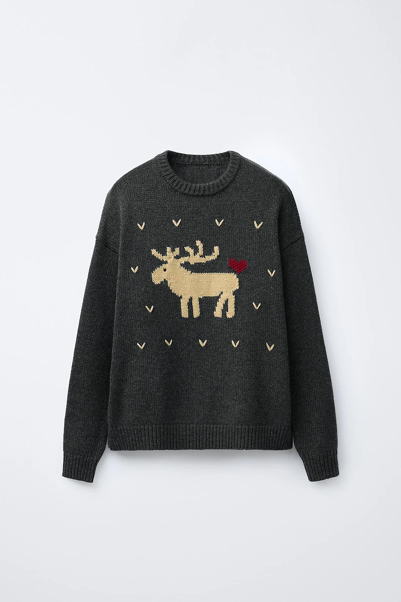 WOOL KNIT JUMPER EMBROIDERED REINDEER HEARTS