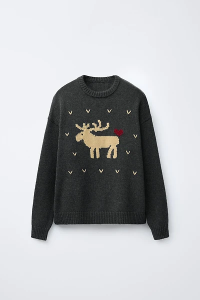 WOOL KNIT JUMPER EMBROIDERED REINDEER HEARTS