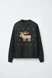 WOOL KNIT JUMPER EMBROIDERED REINDEER HEARTS