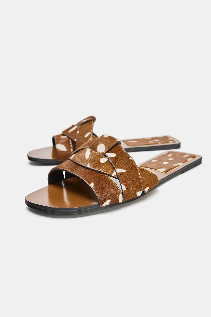 FAUX FUR CROSSED LEATHER SANDALS