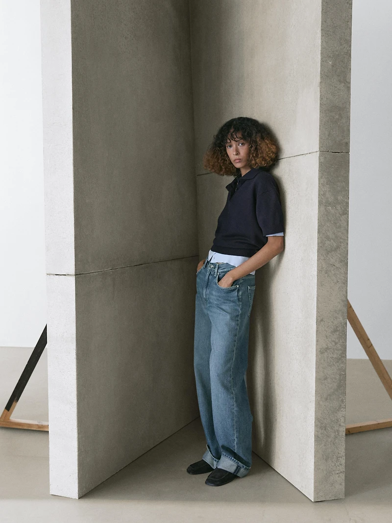 Wool blend knit polo sweater