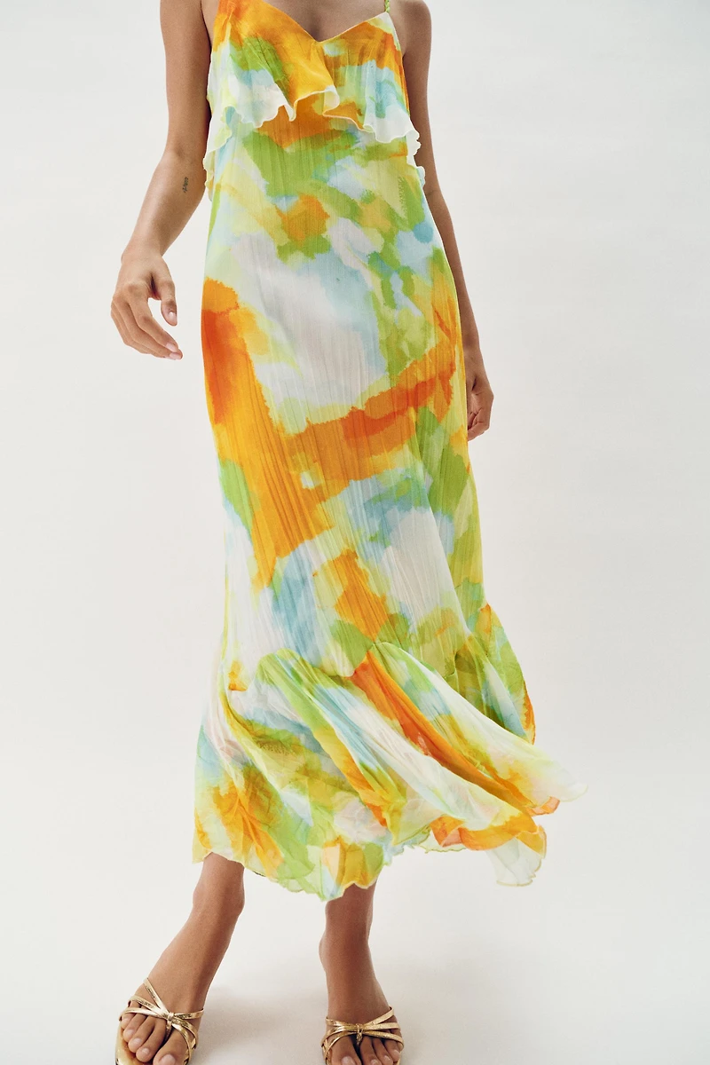PRINTED RUFFLE MIDI DRESS