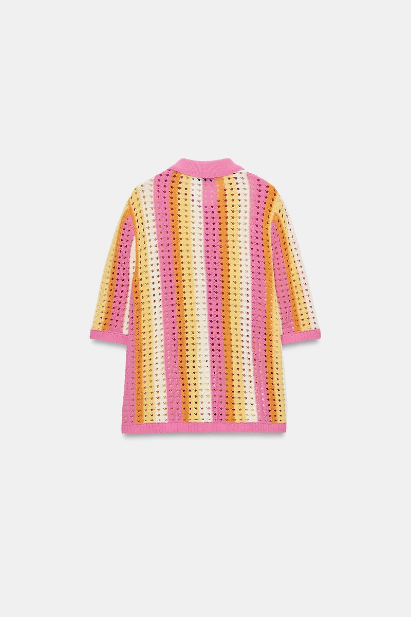 STRIPED OPENWORK KNIT POLO JACKET