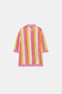 STRIPED OPENWORK KNIT POLO JACKET