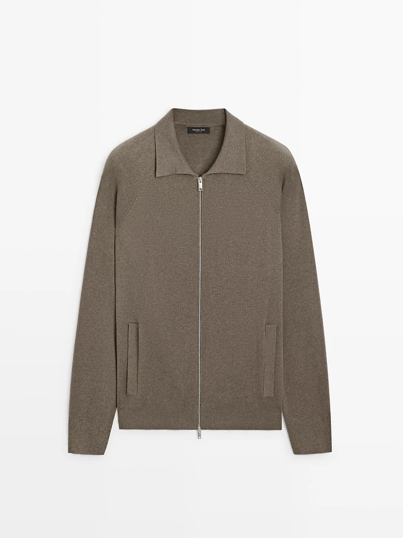 Cotton blend zip-up knit cardigan