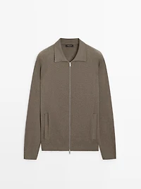 Cotton blend zip-up knit cardigan