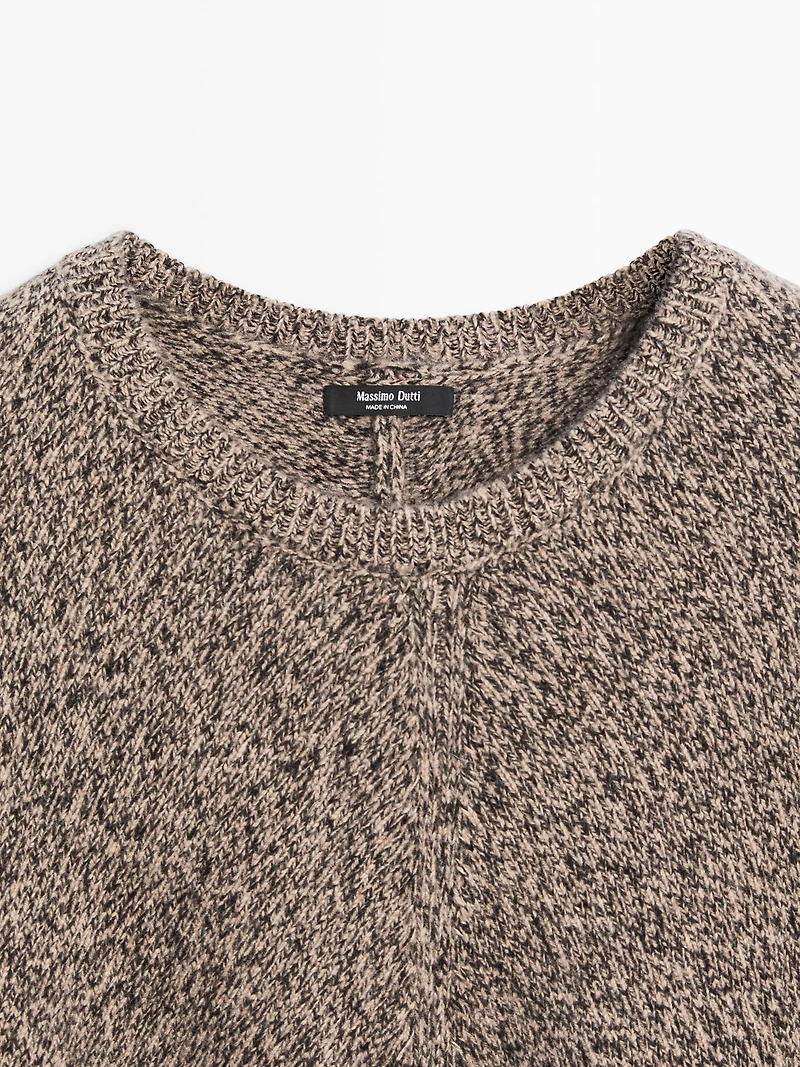 Wool blend mouliné knit cape with fringing