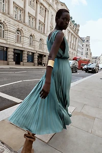 BELTED PLEATED MIDI DRESS