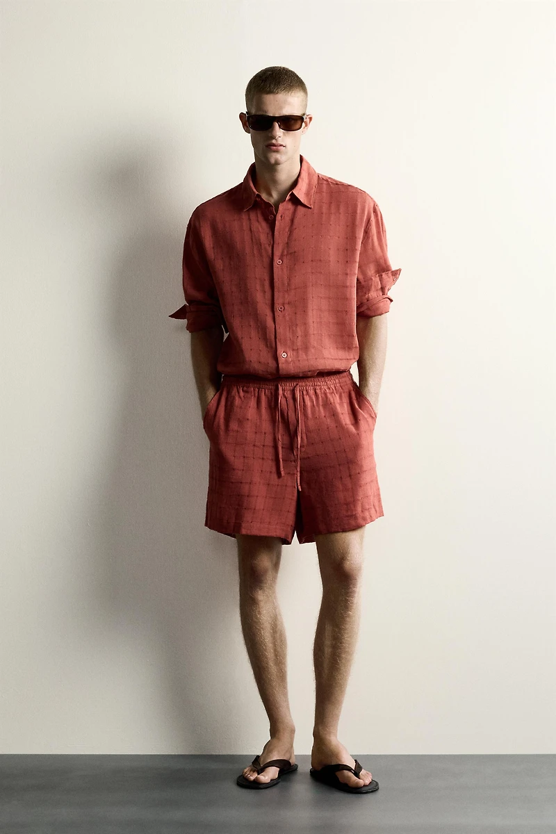 LINEN COTTON BLEND CHECKERED JACQUARD SHORTS