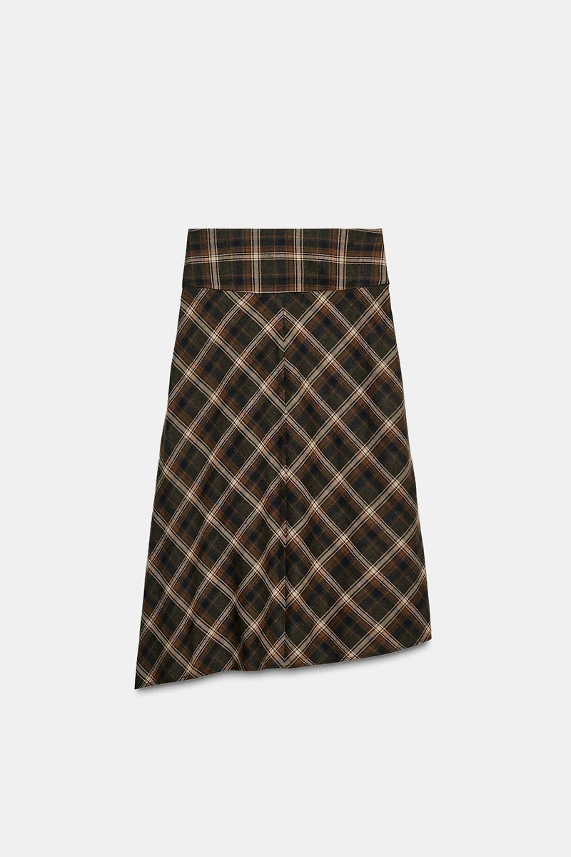 ASYMMETRIC PLAID MIDI SKIRT