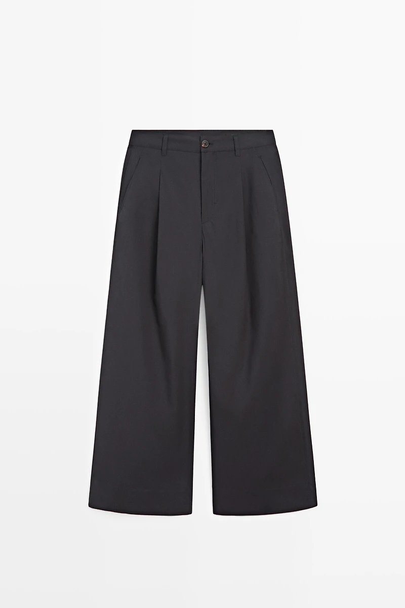 Cotton blend wide-leg pleated trousers