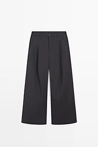 Cotton blend wide-leg pleated trousers