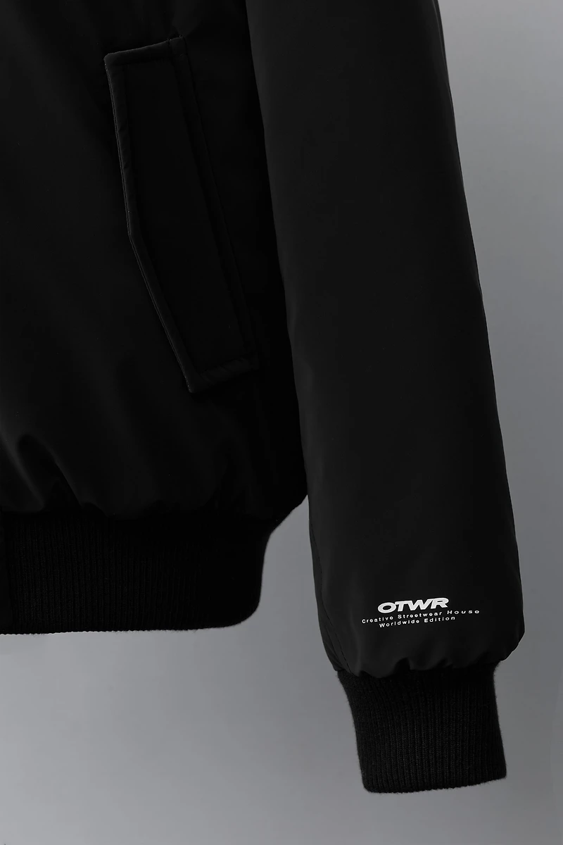 RUBBERIZED BOMBER JACKET WITH REMOVABLE FLEECE HOODIE