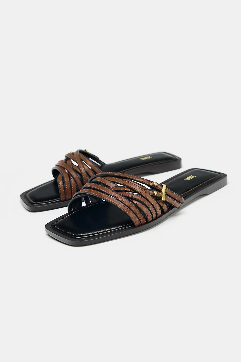 LEATHER STRAPPY SLIDE SANDALS