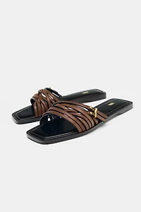 LEATHER STRAPPY SLIDE SANDALS