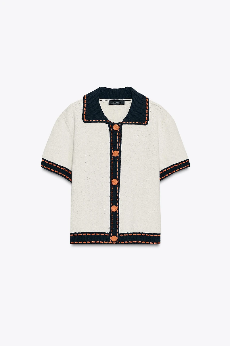 SHORT SLEEVE STITCHED KNIT CARDIGAN