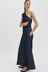 ASYMMETRIC SHOULDER PAD LINEN BLEND TOP