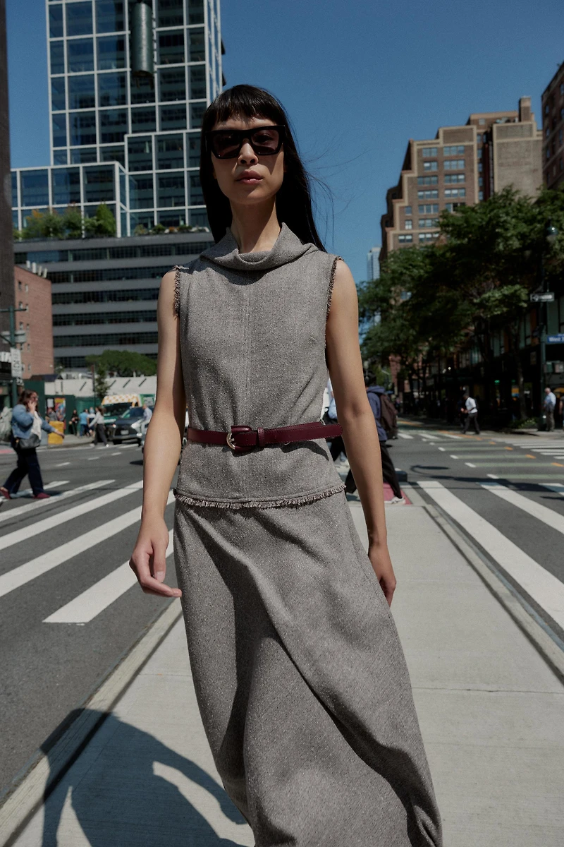 TEXTURED BELTED MIDI DRESS