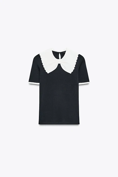KNIT COLLAR BOW T-SHIRT