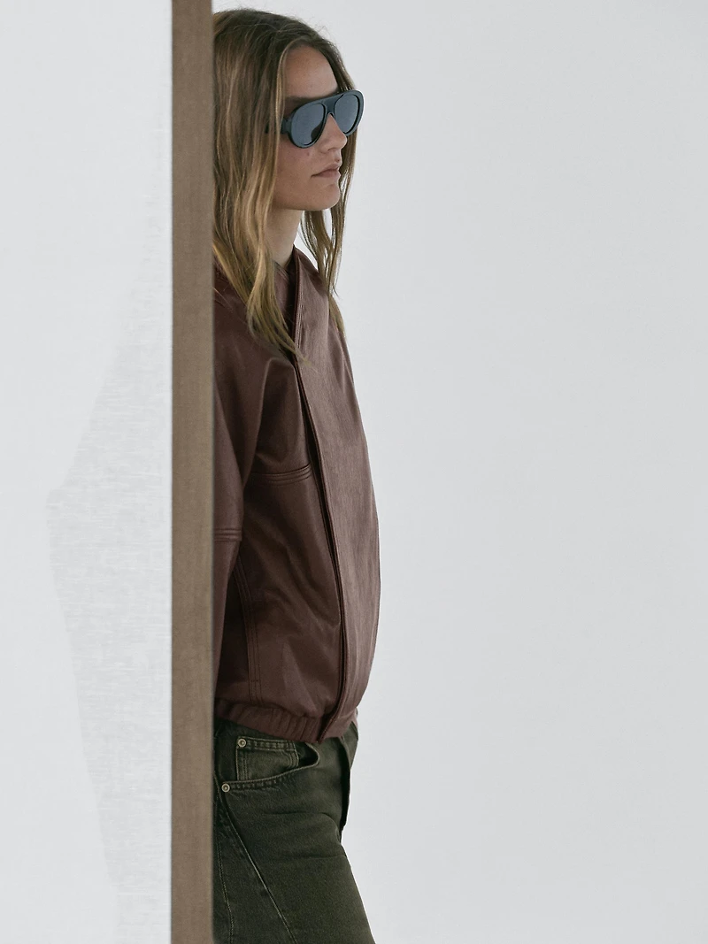 Asymmetric nappa leather bomber jacket