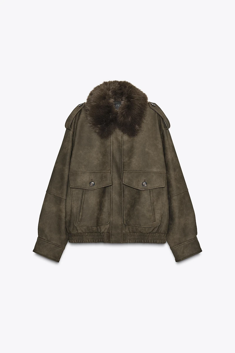 REMOVABLE COLLAR FAUX SUEDE JACKET