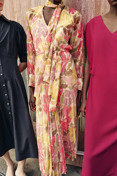 FLORAL PRINT BOW BELT DRESS