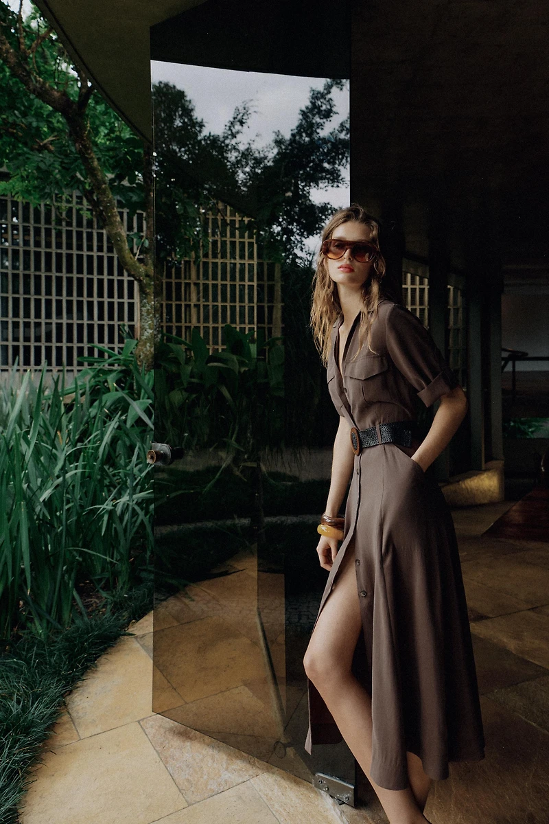 BELTED FLOWY SHIRT DRESS
