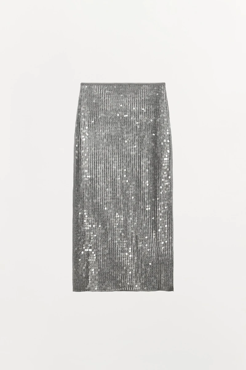 SEQUIN SLIT MIDI SKIRT