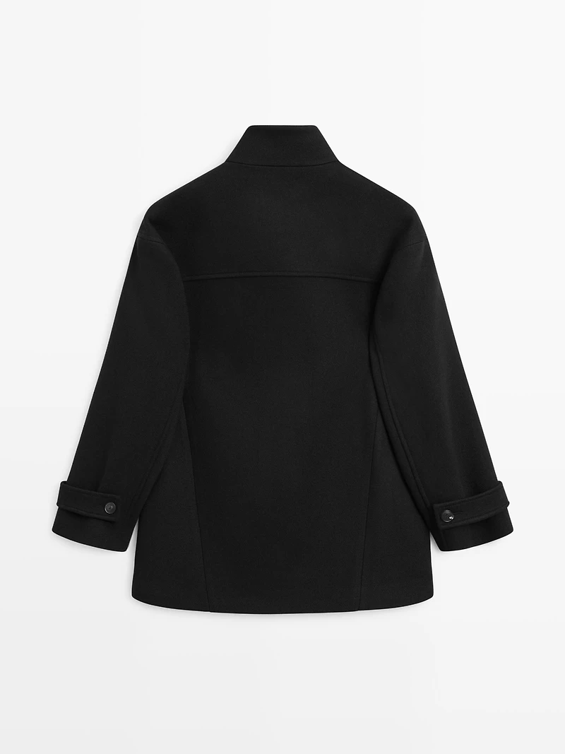 Wool blend high neck coat with button fastening